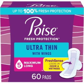 Poise Ultra Thin Incontinence Pads with Wings 5 Drop Maximum Absorbency 60 Count