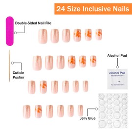 SWEKKE Press-on Nails Short Square Orange French Tip False Nails 24 Pcs