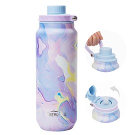 GREYLOCK 32 oz Insulated Water Bottle with Straw Lid, Leakproof Reusable Stainless Steel Vacuum Flask, 24hr Cold & Hot, Carry Handle & Silicone Spout, BPA-Free for Gym, Hiking, Travel,Purple