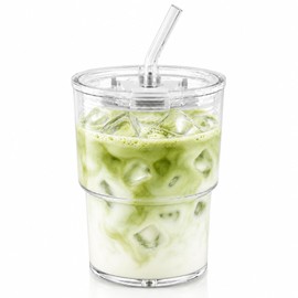 13oz Iced Coffee Cup, Glass Tumbler with Straw and Lid, Leakproof