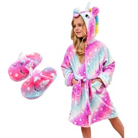 Unicorn Dressing Gown for Girls - Soft Hooded Robe Sleepwear With Slippers, Gifts (Pink/Purple Stars, 10-11 Years)