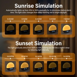 Brenth Sunrise Alarm Clock, Wake Up Light with Sunrise/Sunset Simulation Dual Alarms, 9 Min Snooze, 10 Colors Atmosphere Lamp, 24 Natural Sounds & FM Radio, Charging Port, Dimmable Bedside Night Lamp
