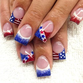 4th of July Press on Nails Red Blue White Fake Nails Glitter Star Design French Tip Glue on Nails Short Square Independence Nails Press ons Pink False Nails July 4th Acrylic Nails for Girls 24Pcs