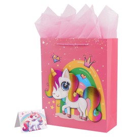Linelglobal Unicorn Gift Bag for Kid Girl with Wrapping Paper 13" - Rose