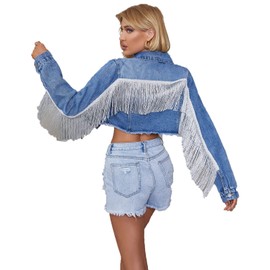 YILANUOYI Women’s Crop Denim Jacket Tassel Casual Jean Coat With Fringe (XS, S107Dark Blue)