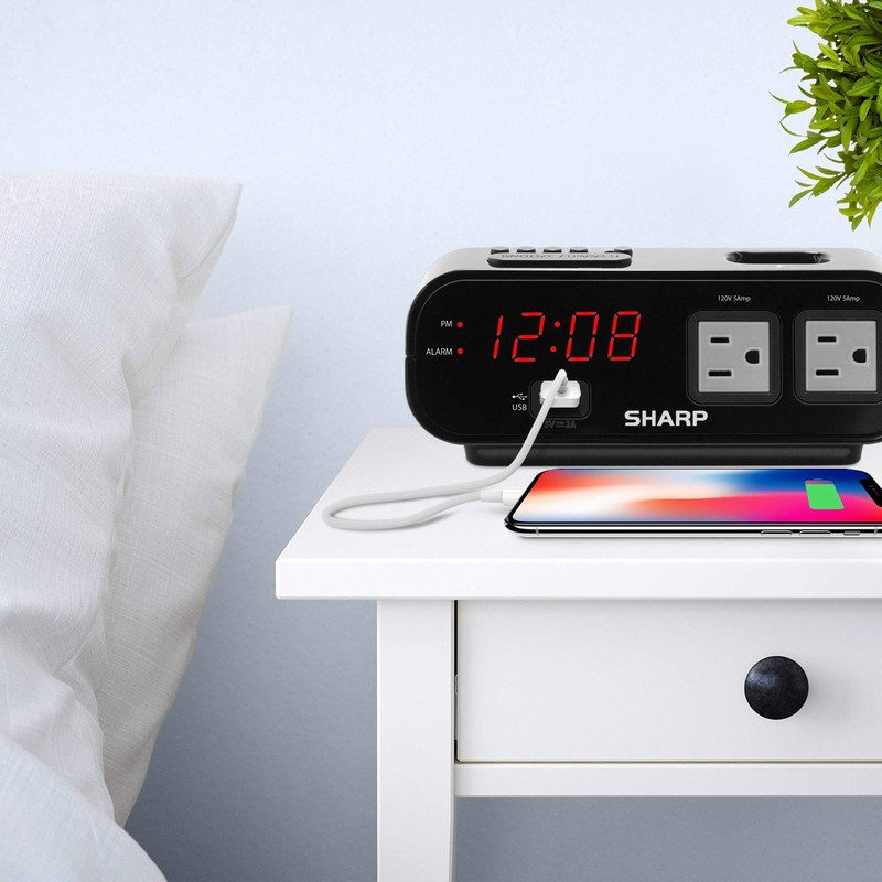 Sharp Digital Alarm Clock with 2X Power Outlets with Surge