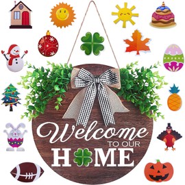 Interchangeable Welcome Door Sign Front Door Decor,Seasonal Front Porch Door Decor with 15 Changeable Seasonal Icons for Christmas/Thanksgiving/New Year, Rustic Wood Wall Hanger for Housewarming Gift