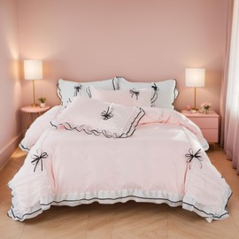Duvet Cover Set Ruffle Lace Beddding Set with Bowtie 3 Pieces Comforter Cover Set with Zipper Closure, Girl Bedding French Country with 2 Pillowcase - Light Pink, Full