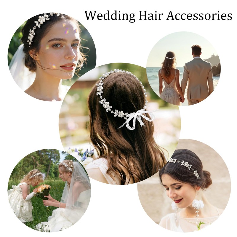 Pearl Crystal Bridal Hair Vine with Ribbon Ties, Silver Wedding