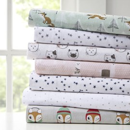 Intelligent Design Cozy 100% Cotton Flannel Novelty Print Animals Stars Cute Warm Ultra Soft Cold Weather Sheet Set Bedding, Queen, Seafoam Foxes 4 Piece