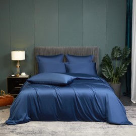 Bamboo Bed Linen Blue Dark Blue 135 x 200 cm Smooth Luxury Bamboo Fibre Summer Bed Linen Breathable Cooling Bed Linen Set Soft Single Bed Duvet Cover with Zip and 1 Pillowcase 80 x 80 cm