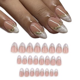 Tavvke 24 Pcs Short Almond Press-On Nails, Glitter Pink White French Tip Full Cover False Nail, 3D Gold Line Stiletto Fake Nails for Women and Girl