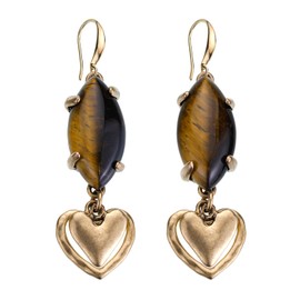 Vintage Handmade Dangle Earrings for Women – 14K Gold Plated Boho Earrings with Natural Brown Tiger's Eye Stone – Unique Retro Design for Party Wedding (Heart)