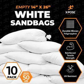 Woven Polypropylene Sand Bags for Flooding, Gravel - 14" x 26" Sacks 50 lb Weight Limit, Military Grade Reusable Refillable Sand Bag for Hurricane Flood Protection, Empty Sandbags, White, Bundle of 10