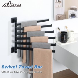 Alise Swivel Towel Rack, 6-Arm Towel Bar, Space Saving Towel Rack Wall Mount Drying Towel Holder, Swing Out Towel Holder for Bathroom Kitchen Toilet, Square SUS304 Stainless Steel, Matte Black