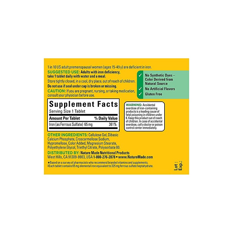 Nature Made Iron 65 mg(325 mg Ferrous Sulfate) ablets Dietary