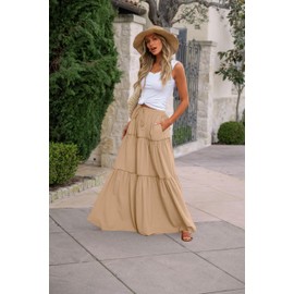 Punude Women's 2025 Summer Skirt High Waist Flowy A Line Boho Skirt Maxi Skirt with Pockets Beige 2XL