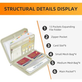 JUNDUN Fireproof Document Organiser - 13 Pockets Expanding File Folder with Zipper & Labels - Portable Waterproof File Organiser with Multi-Pockets Folder for A4 Documents | Receipt and More(Beige)