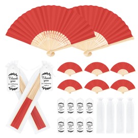 wxfdac 50Set Wedding Hand Fans Party Favors Red Paper Folding Handheld Fans Bulk, DIY Bamboo Fans with Thank Tag Organza Bag for Guests Bridal Dancing Props Church Decoation