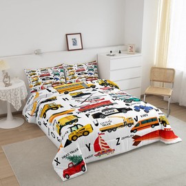 Feelyou Excavator Kids Comforter Fire Truck Police Car Boys Comforter Set Helicopter Motorcycle Ambulance Toddler Bedding Set Alphabet Vehicle Cars Quilt Set Decor with 1 Pillowcase 2Pcs Bedding Twin