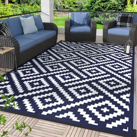 GENIMO Outdoor Rug 4x6 Waterproof, Reversible Mats, Outdoor Area Rug, Plastic Outside Carpet, Eeometric Rv Mat for Patio Camping Rv Picnic Backyard Deck Balcony Porch Beach (Navy Blue & White)