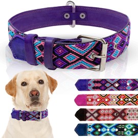 Leather Dog Collar - Western Dog Collar, Embroidered Design, Handmade, Boy Girl, Blue Pink Brown Purple, Small Medium Large Dogs, Cute Dog Collar, Collar para Perros (Mystic Sunset Purple, Medium)