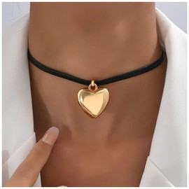 Inateannal Punk Leather Choker Necklace Gold Puffy Heart Pendant Necklace Black Leather Heart Necklace Vintage Love Heart Necklace Chain Jewelry for Women and Girls