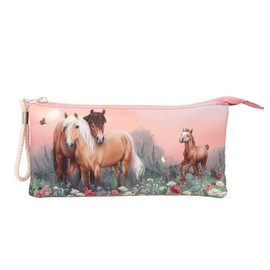 Depesche Miss Melody Flowers 12870 Fan Pencil Case with 3 Zip Compartments with Horse Motif and Dog Pendant