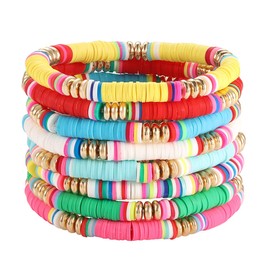 YAHPERN Heishi Bracelet For Woman Bohemian Soft African Vinyl Beaded Layering Stacking Bracelets Lightweight Elastic Stretch Bracelet, 2.5 inch, Metal