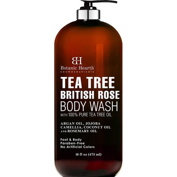 BOTANIC HEARTH Tea Tree Body Wash with British Rose Extract, Helps with Nails, Athletes Foot, Ringworms, Jock Itch, Acne, Eczema & Body Odor, Soothes Itching & Promotes Healthy Skin and Feet, 16 fl oz