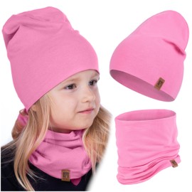 HEYO Children's Beanie Hat Tube Scarf Cotton Round Scarf Soft Girls Boys Autumn Spring Set Autumn Set, fuchsia