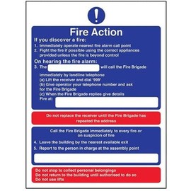 V Safety 12008AN-R General Fire Action Suspisious Fire Sign - Portrait - 150mm x 200mm - 1mm Rigid Plastic, Blue/Red