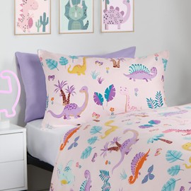 OHS Girls Single Duvet Cover Set, Dino Reversible Kids Bedding with Pillowcase Duvet Covers Ultra Soft Girls Duvet Sets for Single Bed, Pink/Blue