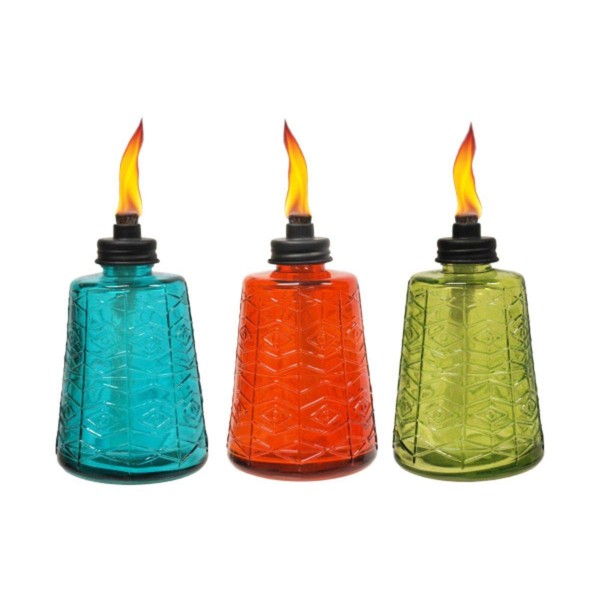 TIKI 6-Inch Molded Glass Table Torch, Red, Green & Blue (Set of 3)