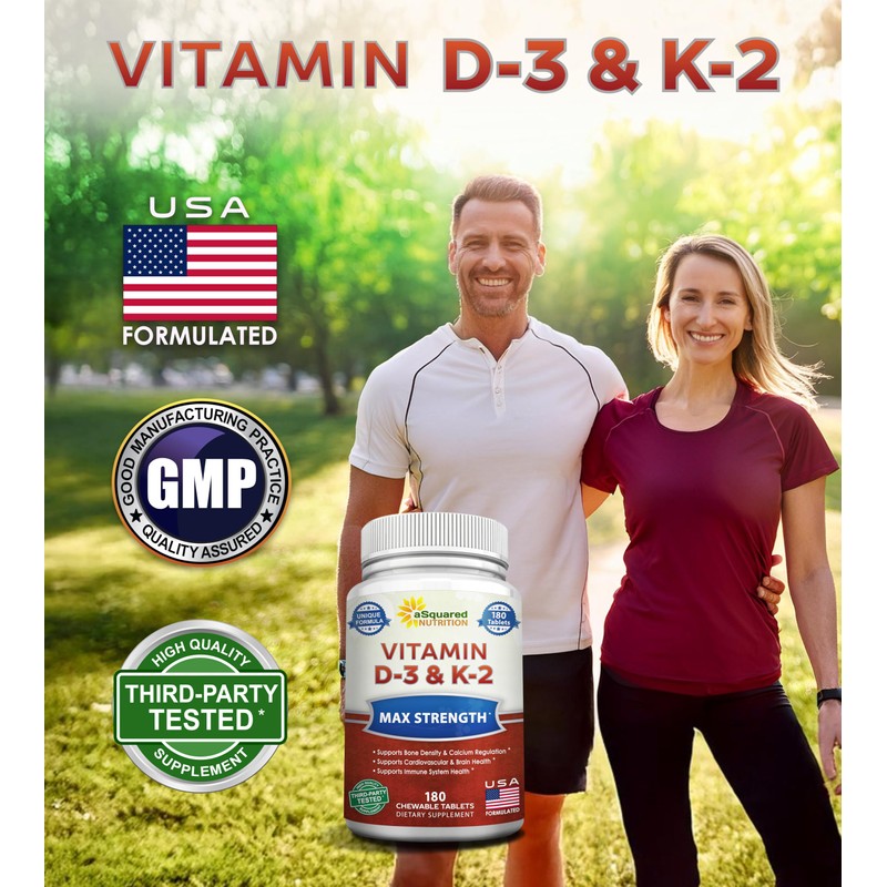 aSquared Nutrition Vitamin D3 with K2 Supplement-180 Chewable Tablets, Max
