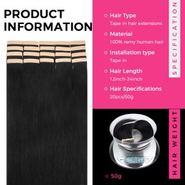 Lashey Light Yaki Straight Tape in Hair Extensions 50g 20pcs Invisible Tape in Hair Extensions Human Hair 16 Inch Natural Black Tape in Hair Extensions Human Hair