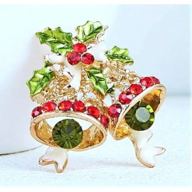 Unbranded Holiday CHRISTMAS Holly BELLS Rhinestone Red Green Christmas Eve Gift Brooch