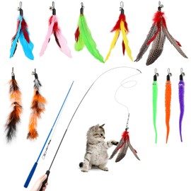 Hianjoo Juego de 12 Piezas para Gatos, 2 Varitas retráctiles de Plumas para Gato, Juguetes interactivos para Gato, con abalorio, Campanas y Plumas Interactive Indoor Toys Set para Gato