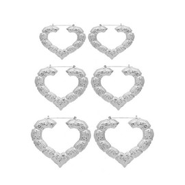 3Pairs Bamboo Hoop Earrings Set for Women Punk Exaggerated Geometric Round Circle Love Heart Statement Earrings Hip Hop Jewelry-D silver heart