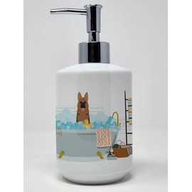 Caroline's Treasures WDK5764SOAP German Shepherd in Bathtub Ceramic Soap Dispenser Hand Soap Dispenser Pump Bottles for Bathroom Kitchen, Empty Refillable Liquid Soap Container