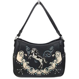 Zelris Western Mustang Horse Turquoise Embroidery Conceal Carry Women Hobo Purse (Black)