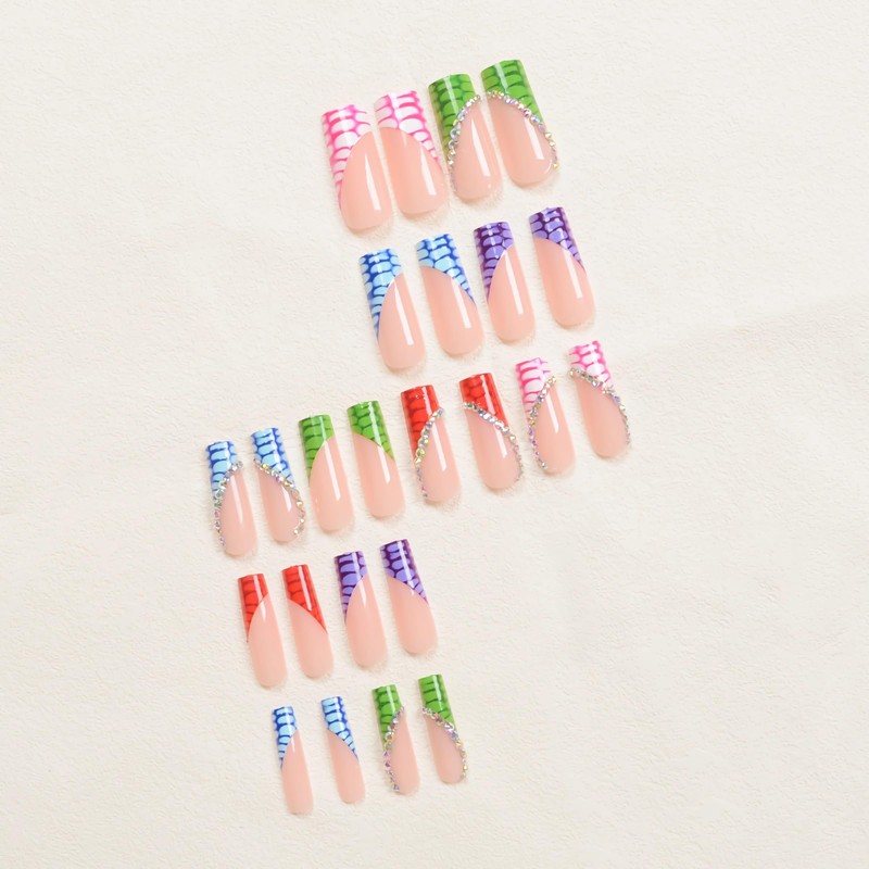 MERVF Long Square Press on Nails Colorful French Tip Fake