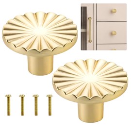 QTMMC 2 Pack Gold Cabinet Knobs Brushed Gold Knobs Doors Handles for Drawers Dresser Wardrobe Hardware Cupboards Kitchen Brass Solid Round Knob Simple Style Aluminum Alloy with Screws Set