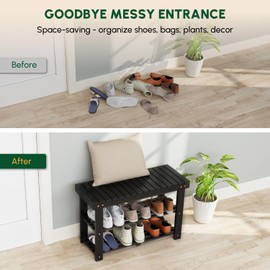 BEEFURNI Acacia Shoe Rack Bench, 3-Tier Sturdy Shoe Storage Bench, Wooden Footwear Organizer for Boots, 300 LBS Load Capacity, Perfect for Closet Entryway Bathroom, 1-Year Manufacturer Warranty, Black