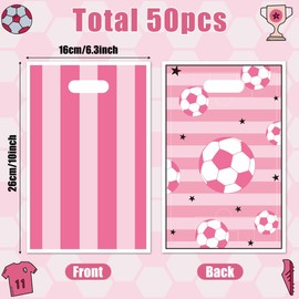 ArowlWesh 50Pcs Pink Soccer Party Favor Bags, Soccer Theme Plastic Candy Goodie Treat Gift Bag with Handles Football Team Sport Party Supplies Birthday Decoration Gift for Football Lovers