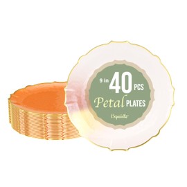 Exquisite Elegant Plastic Plates for Party - 40 x 9 inch Coral Peach Dessert Plates with Gold Rim