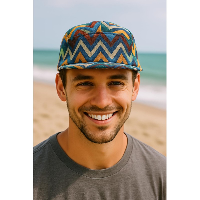 Hatphile Jacquard Blue Geometric 5-Panel Camp Cap – Woven Tapestry