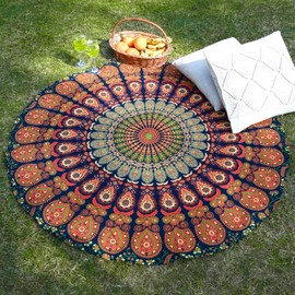 RAJRANG Round Peacock Tapestry - 48 Inches Golden Green Chakra Mandala Roundie Boho Hippie Tablecloth Pure Cotton Beach Throws for Picnic and Camping