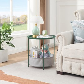 VECELO Round Side/End Table with Fabric Storage Basket，Metal Anti-Rust and Waterproof Small Bedside Nightstand with Removable Tray Top for Living Room，Balcony & Laundry，Dark Green /2pcs with Basket