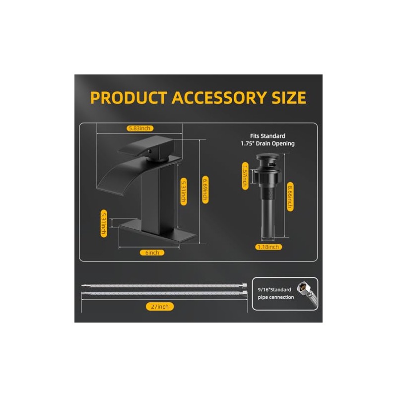Ryuwanku Bathroom Faucet Matte Black Modern Waterfall Bathroom Sink Faucet